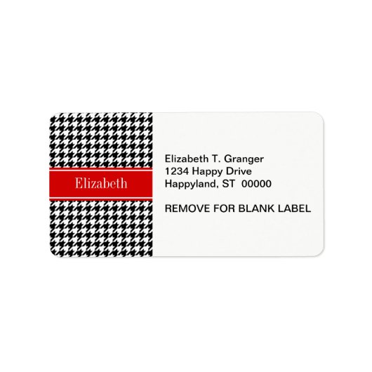 Black White Houndstooth Red Name Monogram Etiket (Voorkant)