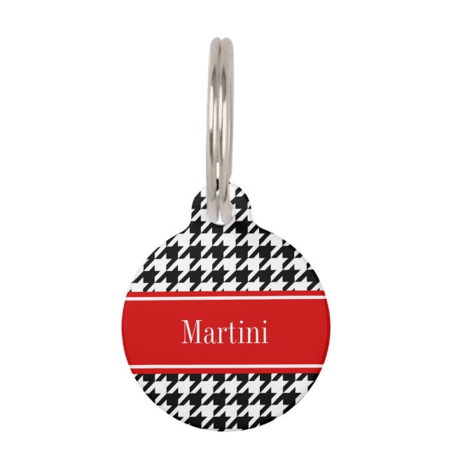 Black White Houndstooth Red Name Monogram Huisdierpenning (Voorkant)