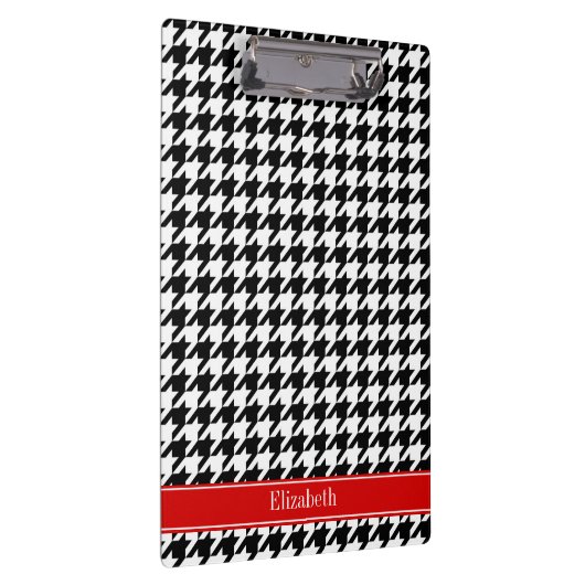 Black White Houndstooth Red Name Monogram Klembord (Rechts)