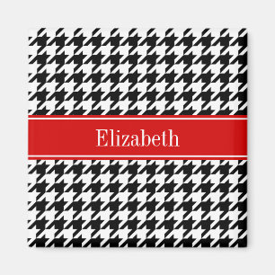 Black White Houndstooth Red Name Monogram Magneet