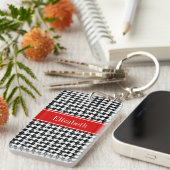 Black White Houndstooth Red Name Monogram Sleutelhanger (Voorkant Rechts)