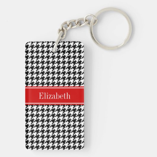 Black White Houndstooth Red Name Monogram Sleutelhanger (achterkant)