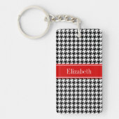 Black White Houndstooth Red Name Monogram Sleutelhanger (Voorkant)