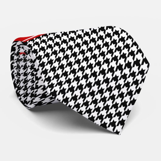 Black White Houndstooth Red Name Monogram Stropdas (Opgerold)