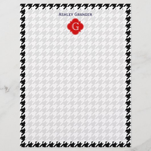 Black White Houndstooth Red Quatrefoil Monogram (Voorkant)
