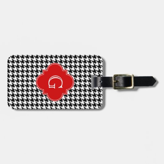 Black White Houndstooth Red Quatrefoil Monogram Bagagelabel (Voorkant horizontaal)