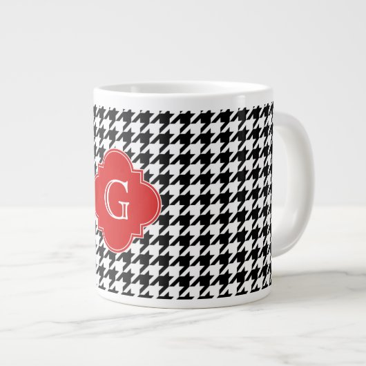 Black White Houndstooth Red Quatrefoil Monogram Grote Koffiekop (Voorkant rechts)