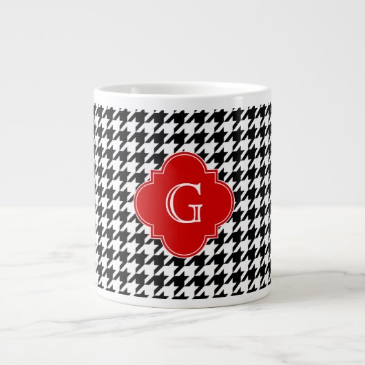Black White Houndstooth Red Quatrefoil Monogram Grote Koffiekop (Voorkant)