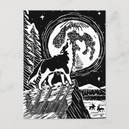 Black & White Howling Husky bij nacht Linocut Briefkaart