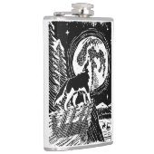 Black & White Howling Husky bij nacht Linocut Heupfles (Rechts)