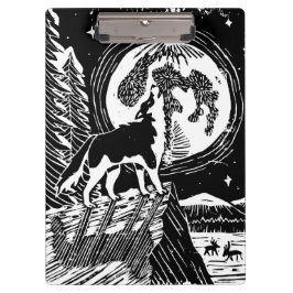 Black & White Howling Husky bij nacht Linocut Klembord