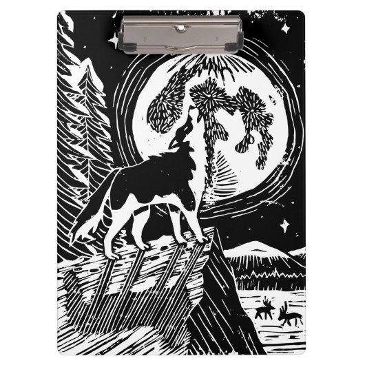 Black & White Howling Husky bij nacht Linocut Klembord (Voorkant)