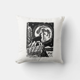 Black & White Howling Husky bij nacht Linocut Kussen