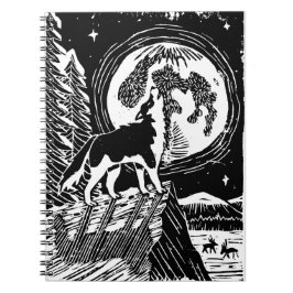 Black & White Howling Husky bij nacht Linocut Notitieboek
