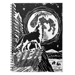 Black & White Howling Husky bij nacht Linocut Notitieboek
