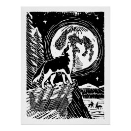 Black & White Howling Husky bij nacht Linocut Perfect Poster