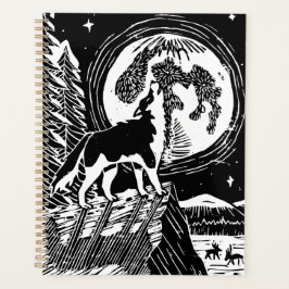 Black & White Howling Husky bij nacht Linocut Planner