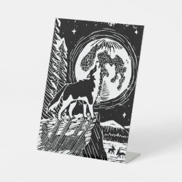 Black & White Howling Husky bij nacht Linocut Reclamebord Met Voetstuk