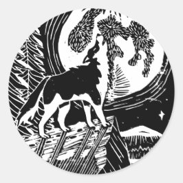 Black & White Howling Husky bij nacht Linocut Ronde Sticker