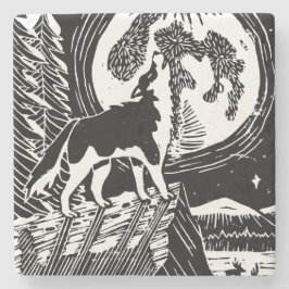 Black & White Howling Husky bij nacht Linocut Stenen Onderzetter