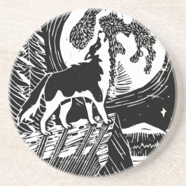 Black & White Howling Husky bij nacht Linocut Zandsteen Onderzetter
