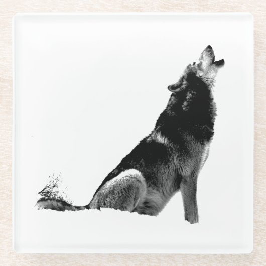 Black White Howling Wolf Glazen Onderzetter (Voorkant)