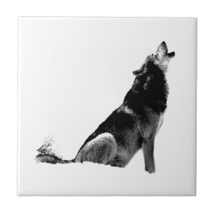 Black White Howling Wolf Tegeltje