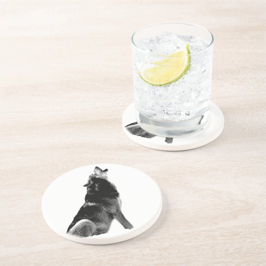 Black White Howling Wolf Zandsteen Onderzetter (Zijkant)