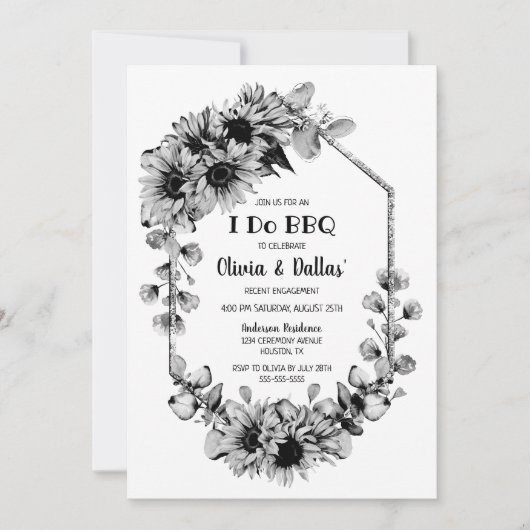 Black White I Do BBQ Sunflower Engagement Party Kaart (Voorkant)