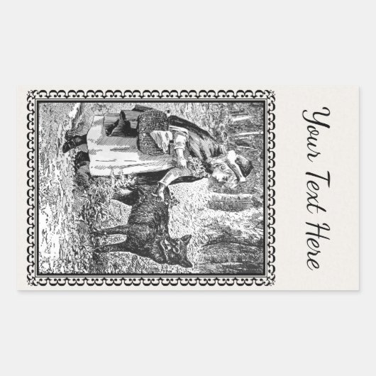 Black White Illustration Riding Hood Wolf Lijst Rechthoekige Sticker (Voorkant)