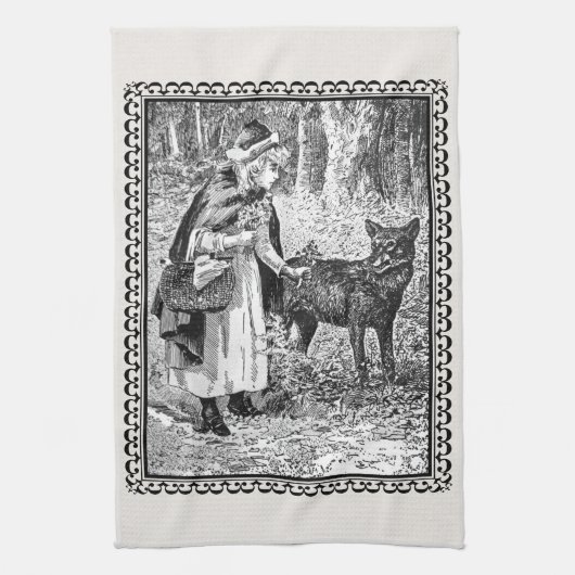Black White  Illustration Riding Hood Wolf Theedoek (Verticaal)