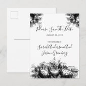Black White Ink Floral Wedding Save the Date Aankondigingskaart (Voorkant / Achterkant)