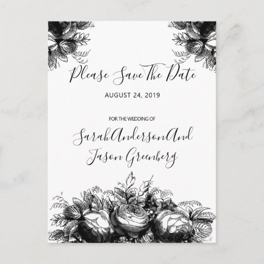 Black White Ink Floral Wedding Save the Date Aankondigingskaart (Voorkant)