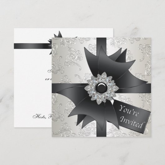 Black White Ivory Damask Party Kaart (Voorkant / Achterkant)