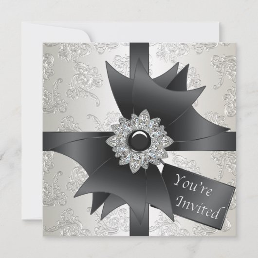 Black White Ivory Damask Party Kaart (Voorkant)