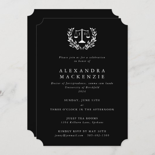 Black+White JD Law Scales Laurel Wreatparty Invi Kaart (Voorkant / Achterkant)