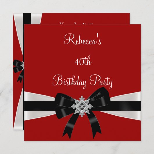 Black White Jewel Bow 40th Elegant Birthday Red Kaart (Voorkant / Achterkant)