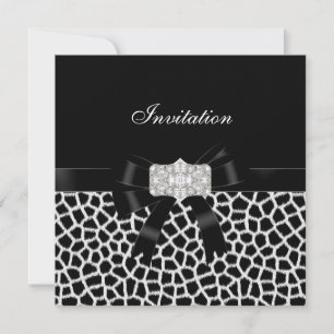 Black White Jewel Bow Invitation Animal Print Kaart