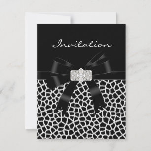 Black White Jewel Bow Invitation Animal Print Kaart