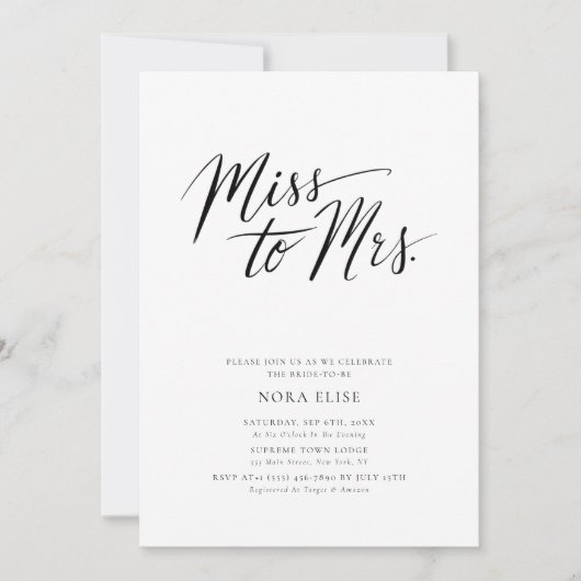 Black White Kalligrafie Miss to Mrs Vrijgezellenfe Kaart (Voorkant)