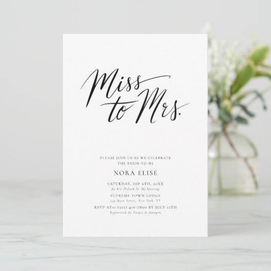 Black White Kalligrafie Miss to Mrs Vrijgezellenfe Kaart (Staand voorkant)