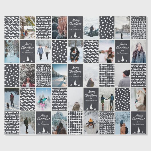 Black White Kerstmis Aanpassing van collage Foto Cadeaupapier (Vlak)