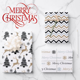 Black White Kerstmis Chevron 3 Coördinatie Inpakpapier Vel