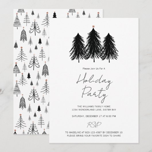 Black White Kerstmis Pine Trees Holiday Party Kaart (Voorkant / Achterkant)
