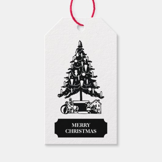 Black White KerstTree-feestdag Cadeaulabel (Voorkant)