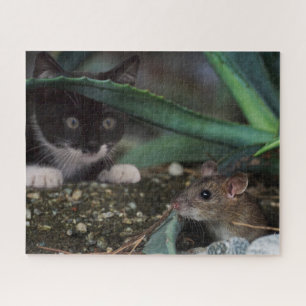 Black & White Kitten met muis Jigzaag Puzzle Legpuzzel