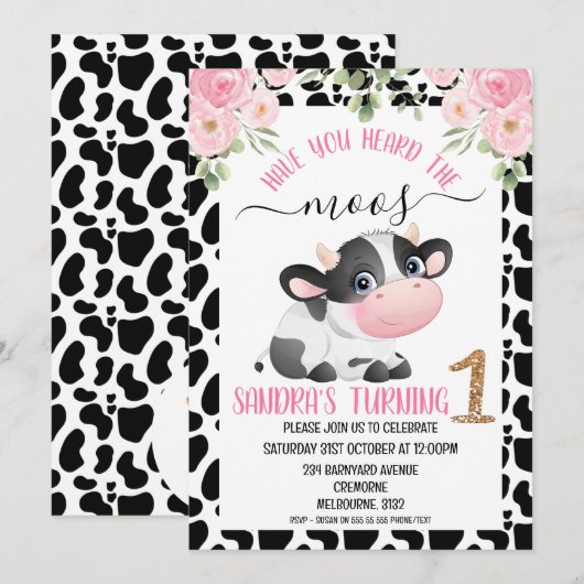 Black White Koe Heb je de Moos uitnodiging gehoord (Voorkant / Achterkant)