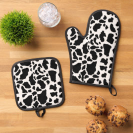 Black & White Koe Spots Animal Print Patroon Ovenwant & Pannenlap Set
