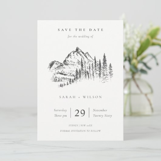 Black White Kraft Rustic Pine Mountain Sketch Save The Date (Staand voorkant)