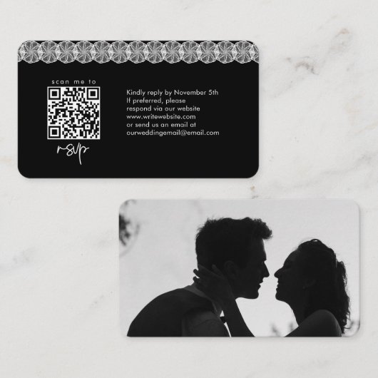 Black White Lace Foto QR Code Weddenschap Website Informatiekaartje (Voorkant / Achterkant)